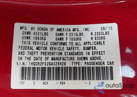 2016 Honda Accord Sport from USA, damaged, VIN 1HGCR2F52GA029426